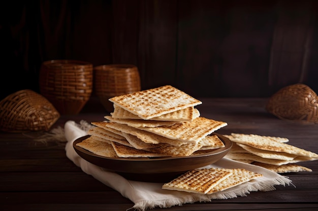 Foto gratuita pane matzah tradizionale sulla tavola di legno rustica ai generativo
