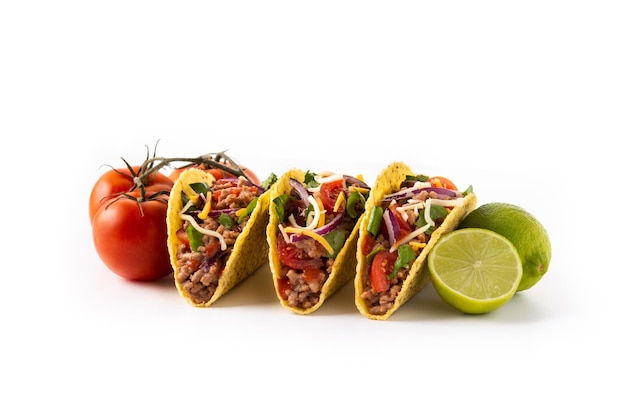 Traditional Mexican tacos with meat and vegetables isolated on white background