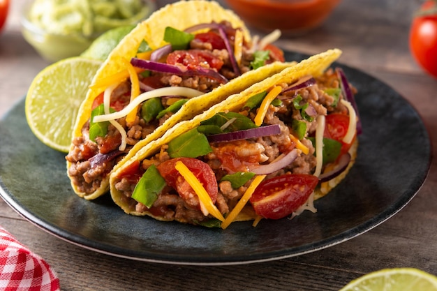 Traditional Mexican tacos with meat and vegetables on wooden table