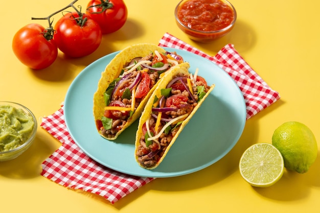 Foto gratuita tacos messicani tradizionali con carne e verdure su fondo giallo