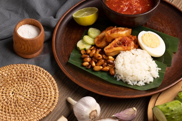 Traditional nasi lemak meal assortment close-up
