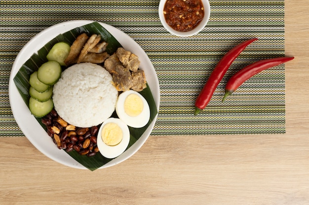 Traditional nasi lemak meal assortment