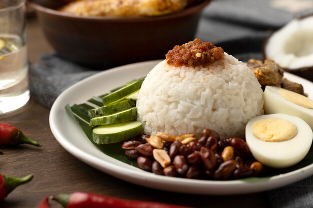 Traditional nasi lemak meal assortment