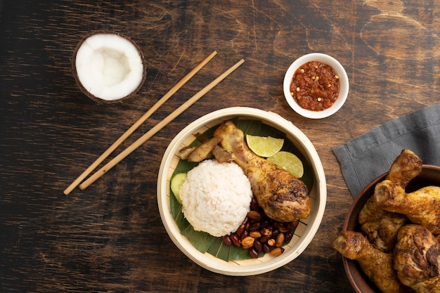 Traditional nasi lemak meal assortment