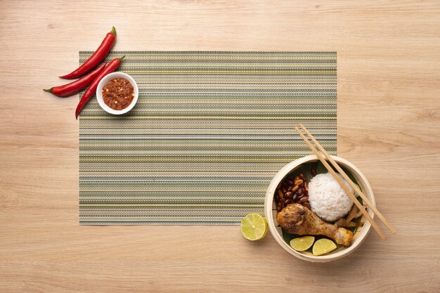 Traditional nasi lemak meal assortment