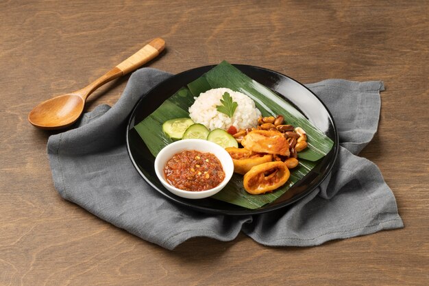 Traditional nasi lemak meal assortment