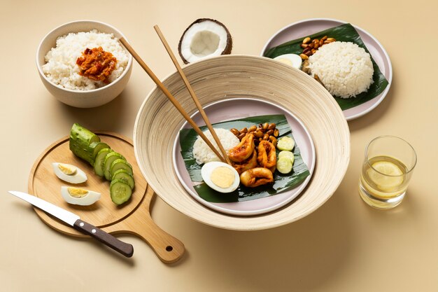Traditional nasi lemak meal assortment