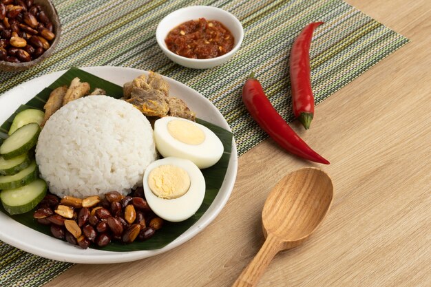 Traditional nasi lemak meal assortment