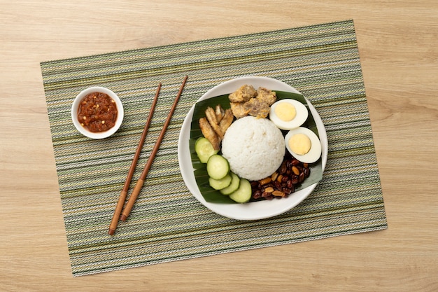 Traditional nasi lemak meal assortment
