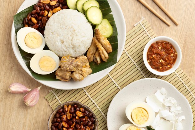 Traditional nasi lemak meal assortment