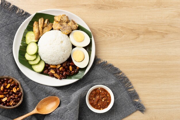 Traditional nasi lemak meal assortment