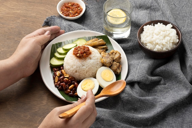 Traditional nasi lemak meal composition