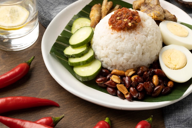 Traditional nasi lemak meal composition