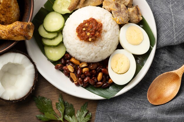 Traditional nasi lemak meal composition