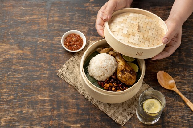 Traditional nasi lemak meal composition