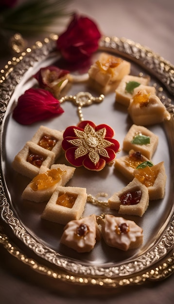 Бесплатное фото Традиционные восточные сладости на серебряном подносе с красными цветами селективный фокус