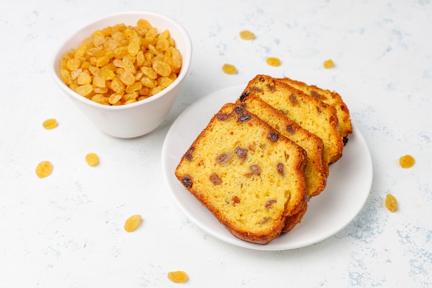 Traditional raisin cake slices with raisin, top view