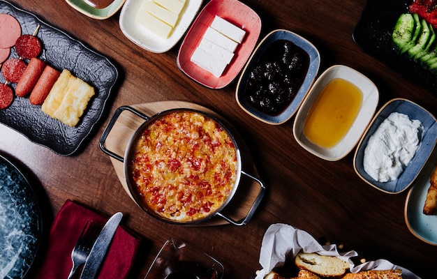 Traditional turkish breakfast table with mixed foods.