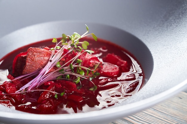 Traditional ukrainian borsch with sprouts