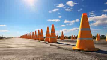 Free photo traffic cones line up along sunlit asphalt road