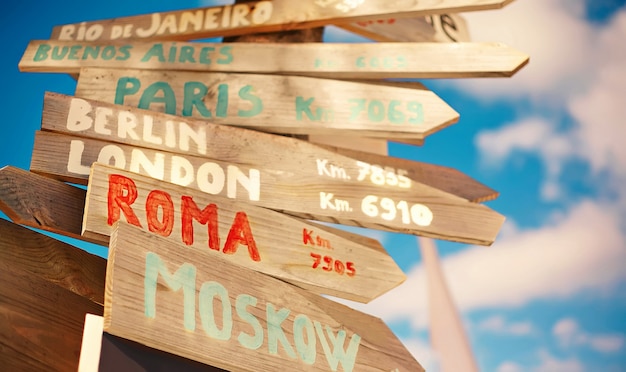 モスクワ、ローマ、ロンドン、ベルリン、パリ、リオデジャネイロを含むレトロなスタイルの青い空を背景に交通標識