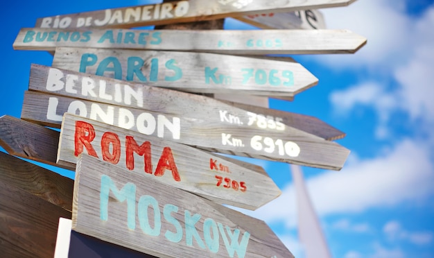 traffic road  sign including Moscow, Roma,London,Berlin,Paris, Rio de Janeiro on blue sky background in retro style