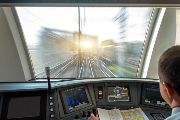 Машинист поезда в кабине управления скоростного пассажирского поезда, вид на железнодорожный мост с эффектом размытия движения.