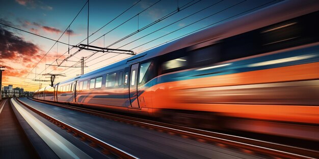 A train moves fast at dusk showing the speed of modern travel