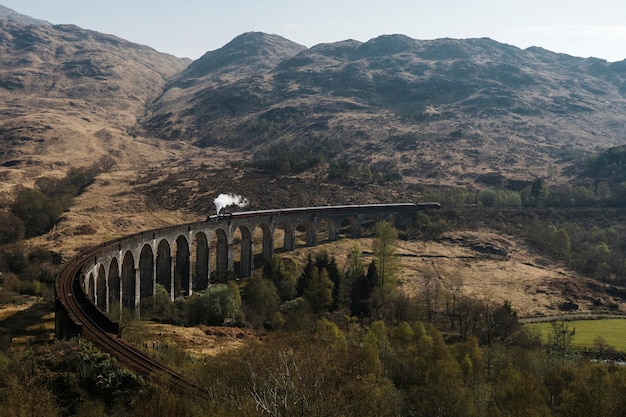 スコットランドのグレンフィナン高架橋で電車に乗る