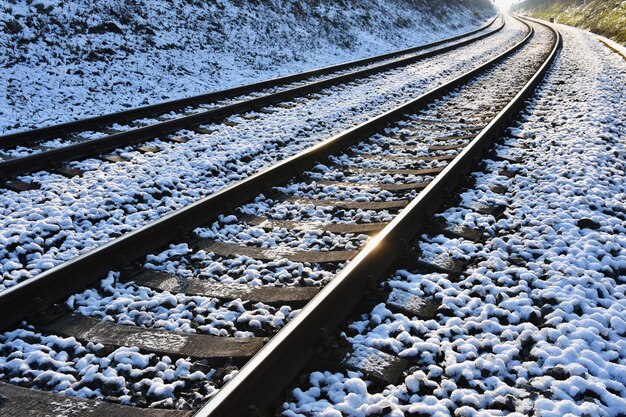 Железнодорожные пути. Красивый снимок и концепция для транспорта, поездов, путешествий и заката путешествия.