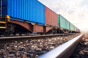 Train wagons carrying cargo containers for shipping companies