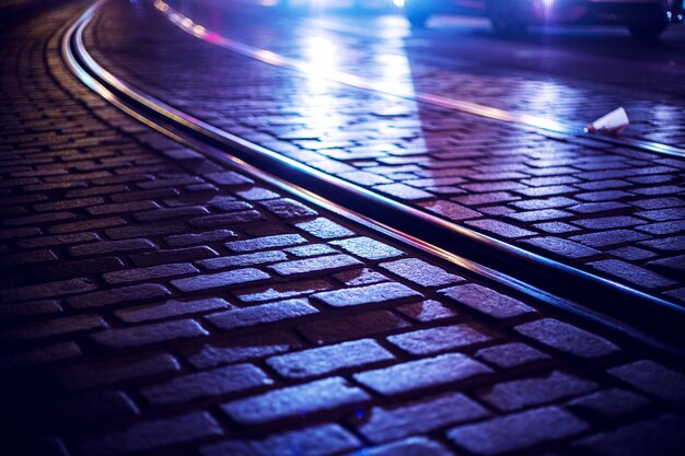 Tramway Rails Empty At Night