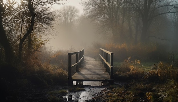 Free photo tranquil autumn forest mysterious fog vanishing slowly generated by ai