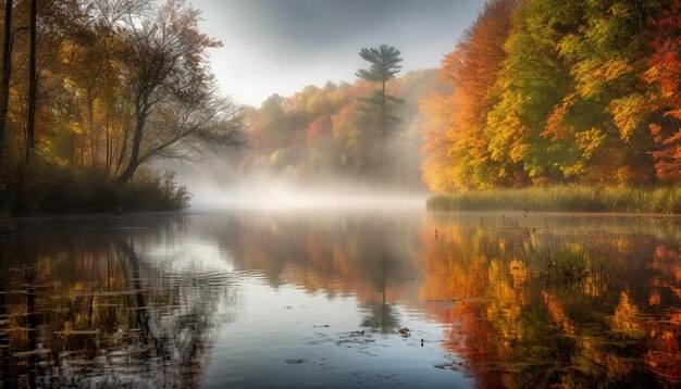 Tranquil autumn forest reflects vibrant beauty in nature generated by AI