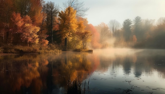 Tranquil autumn forest reflects vibrant natural beauty generated by AI