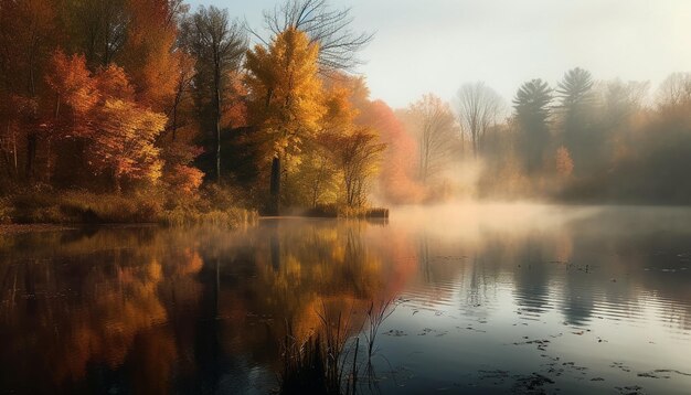 Tranquil autumn forest reflects vibrant natural beauty generated by AI