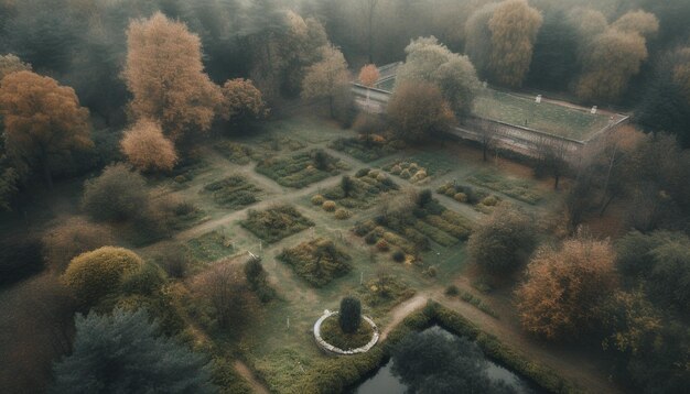 Tranquil autumn meadow foggy mountain ancient ruins generated by AI