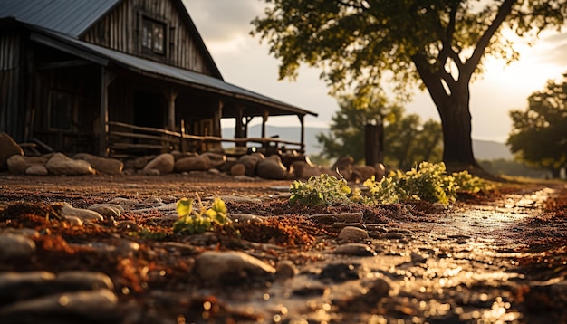 Free photo tranquil autumn meadow old fashioned cottage rustic hut nature beauty generated by artificial intelligence