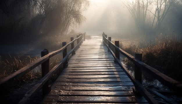 Tranquil footbridge in autumn forest wet plank generated by AI