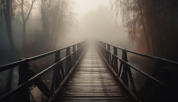 Free photo tranquil footbridge disappears into mysterious foggy forest generated by ai