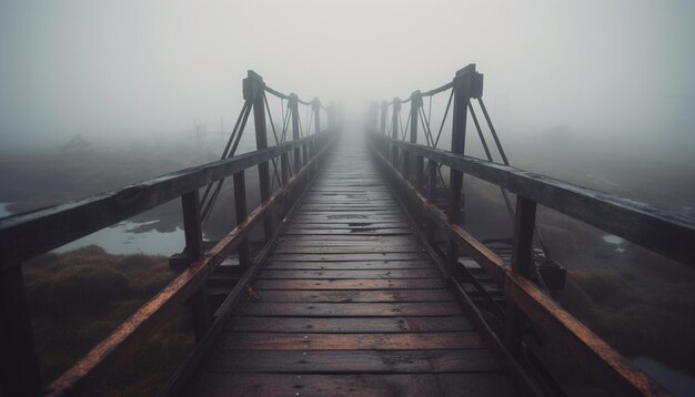 AIによって生成された霧の謎に消える静かな歩道橋