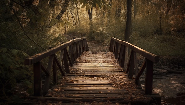Free photo tranquil footpath through autumn forest nature beauty generated by ai