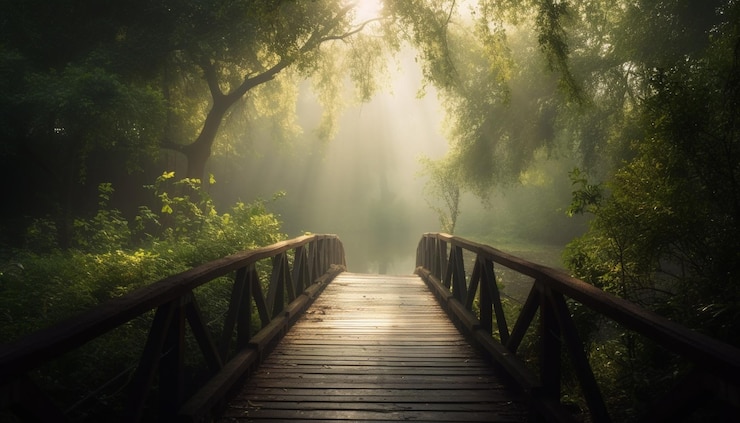 Free Photo tranquil footpath vanishes into mysterious forest fog generated by ai