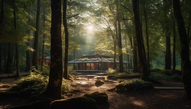 AI가 생성한 고요한 숲길 단풍 소나무 햇빛 평화로운 아름다움