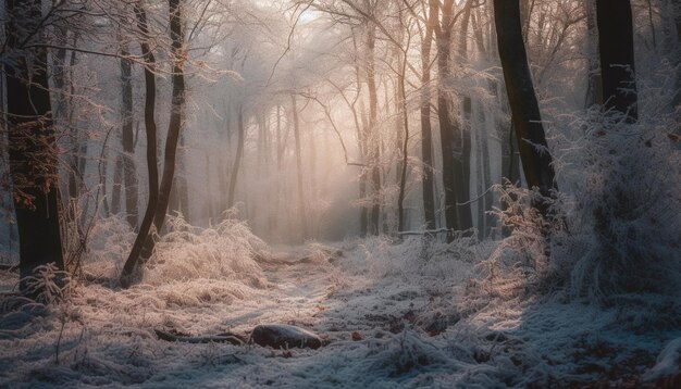 AIが生み出す静かな林道の冬の美しさ