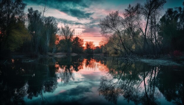 夕暮れ時の静かな森の池は、AI によって生成された色とりどりの空を反映しています