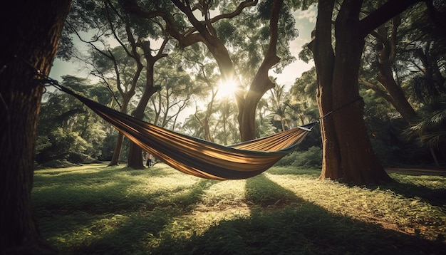 Foto gratuita l'amaca tranquilla ondeggia sotto il ramo di un albero autunnale generato dall'intelligenza artificiale