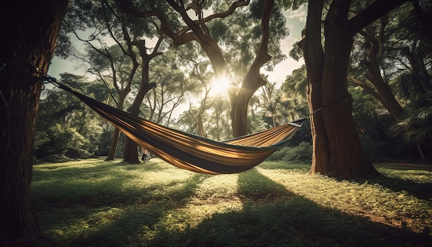 Tranquil hammock sways under autumn tree branch generated by AI