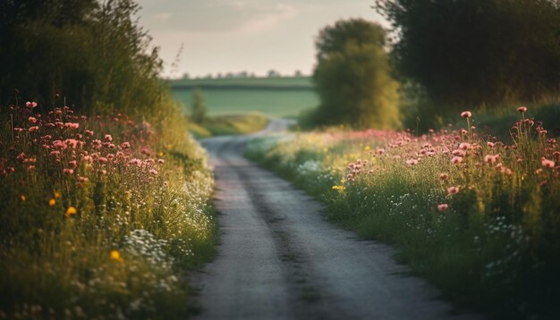 AI によって生成された日没時の色とりどりの野生の花が咲き誇る静かな牧草地