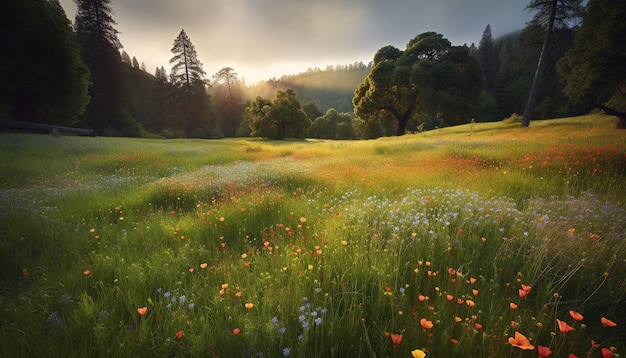 Prato tranquillo erba verde fiori gialli sbocciano generati dall'intelligenza artificiale